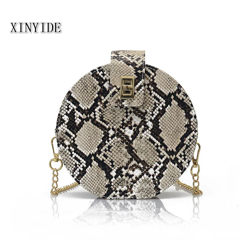 

New Fashion Casual Backbag Retro Python Small Round Bag Turn Lock Chain Shoulder Slung Female Bag