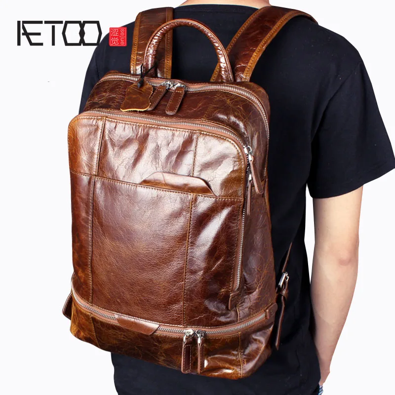 

AETOO Oil Wax Belt Shoulder Leather Genuine Male Cowboy Backpack Casual Retro Travel Bag Computer Bag Tide