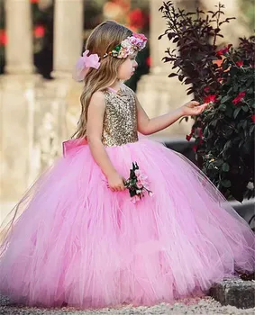 

Adorable Gold Sequined Flower Girl Dresses Tulle Ball Gown Baby Girls Toddler Birthday Party Little Girls Pageant Dresses