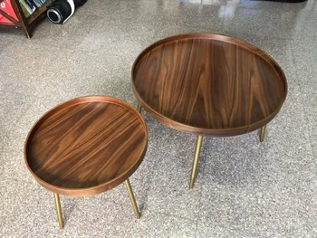 

2pcs PACK, Big 76cm + Small 50cm Round Plywood Coffee Table with Walnut Veneer / Golden Legs or Black Option