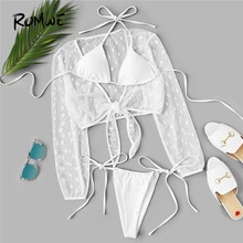 Romwe, спортивный белый комплект бикини с завязками на шее и сеткой с узлом, 3 упаковки, для женщин,, Летний Пляжный комплект из 3 предметов, сексуальный купальник