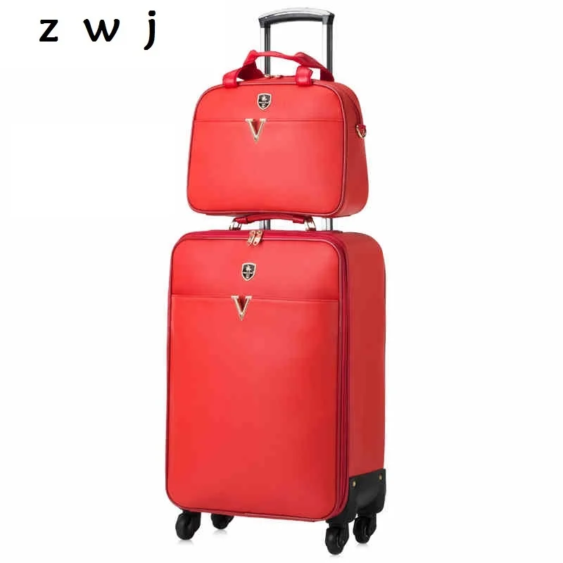 Красная винтажная багажная сумка, чемодан на колесах, универсальная Дорожная сумка на колесах из искусственной кожи - Цвет: 20 and 13 inch bag