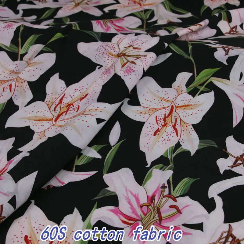 

black lily flower digital print 60S cotton poplin fabric for kids women dress skirt 100% cotton cloth Sewing DIY tissus au metre
