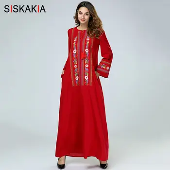 

Siskakia Women Long Dress Red Ethnic Geometric Floral Embroidery Maxi Dresses with Tassel Drawstring Muslim Clothes Long sleeve
