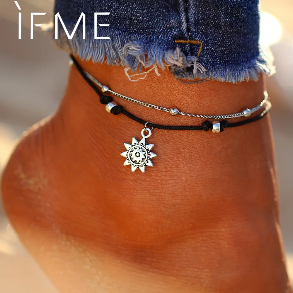 IF ME Vintage Multiple Layers Charms Anklets For Women Silver Color Sun Shape Beads Summer Female Foot Chain Jewelry Party Gifts IF ME Vintage Multiple Layers Charms Anklets For Women Silver Color Sun Shape Beads Summer Female Foot Chain Jewelry Party Gifts