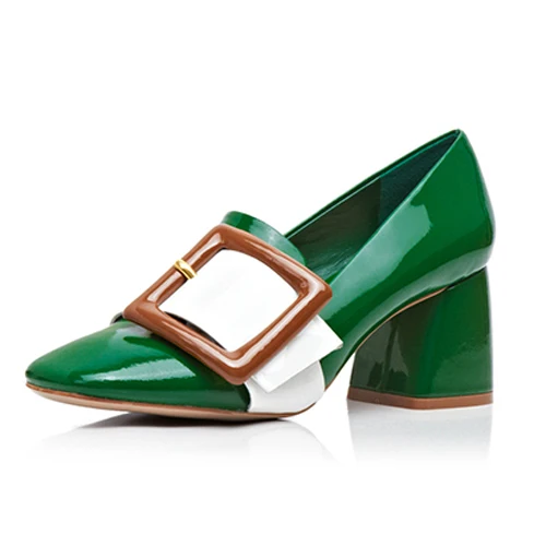 Новые весенние женские туфли-лодочки на высоком каблуке в стиле ретро тонкие туфли из лакированной кожи на платформе с квадратным носком туфли с пряжкой; большие размеры 30 - Цвет: Green