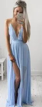 Split Lange Prom Kleider Sommer Strand Blue Tiefem V-ausschnitt Chiffon Abendkleider mit Spaghetti Strap Sleeveless vestido de festa