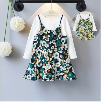 

New Arrival Girl Autumn Chiffon Dress Suits Children's White T Shirt+printed Belt Dress Girls Long Sleeves Ruffles Dress Suits