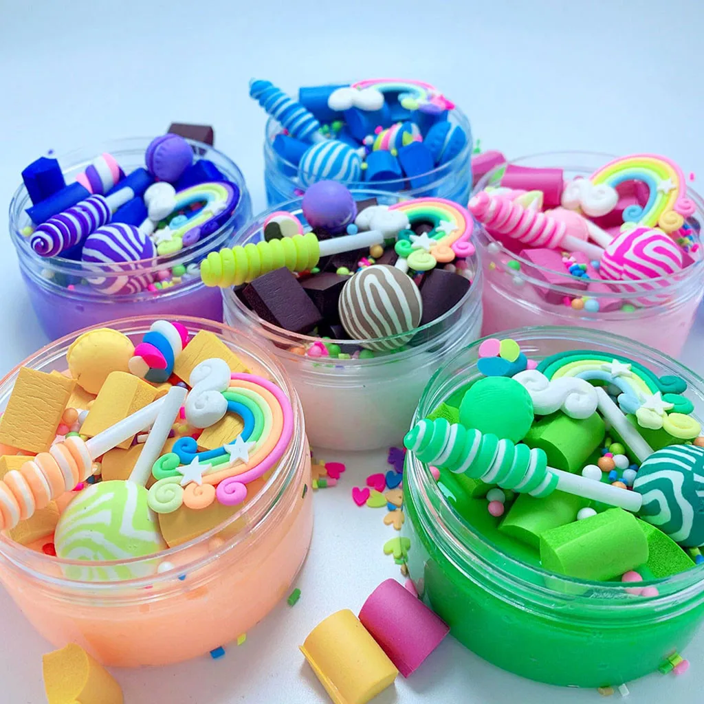 HimTak Rainbow Lollipop Cotton Mud Clear Slime Beautiful Color Lollipop Slime Kids Relief Stress Toys 
