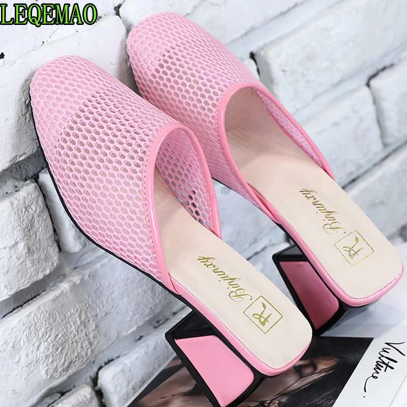 

Fashion Mules Pumps Women Shoes Woman Heels Slip on Air Mesh Party Shoes Square Toe Hoof Med Heels Ladies Pumps Shoes Slippers