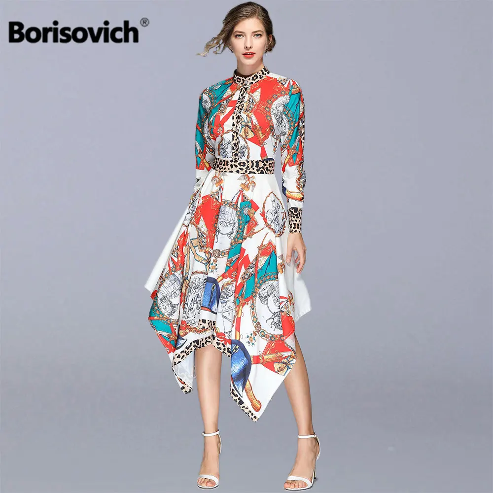 Женское длинное платье с принтом Borisovich винтажное асимметричное воротником