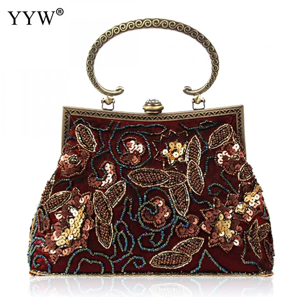 

YYW Hot Velour Vintage Beaded Sequins Handmade Beaded Small Bag Ladies Portable Shoulder Bag Evening Cheongsam Bag Bolsas Clutch