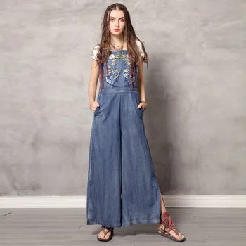 

Women Jumpsuit Straps Embroidery Denim Wide Leg Casual Summer Playsuit