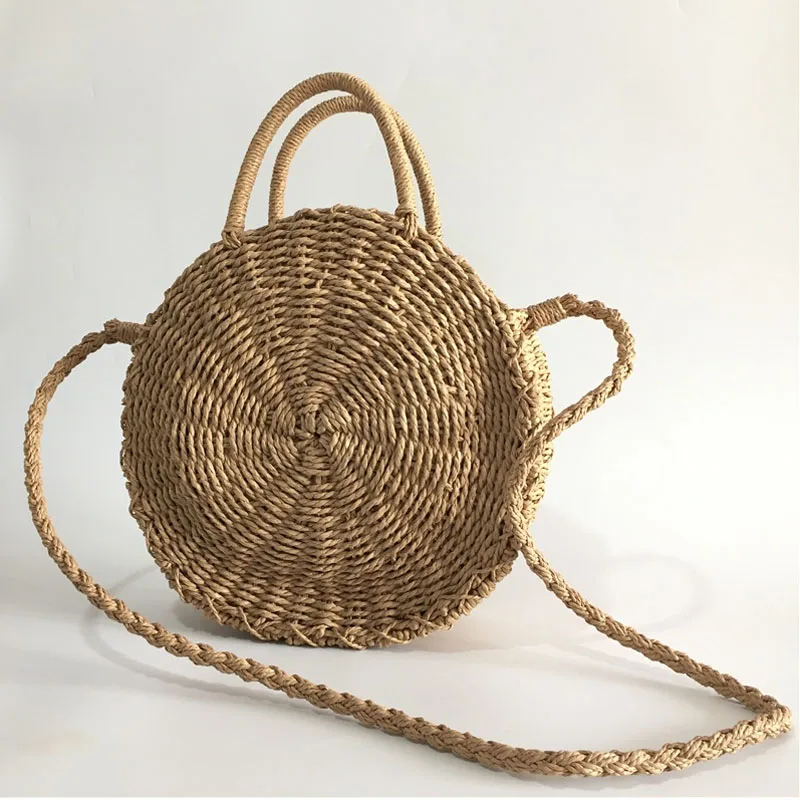 

Lady Fresh Handbag Summer Beach Tote Handmade Rattan woven Round Handbag Vintage Retro Straw Knitted Messenger Bag