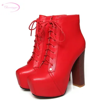 

Chainingyee leisure style comfortable round toe natural leather ankle boots platform black red high heels women's riding boots