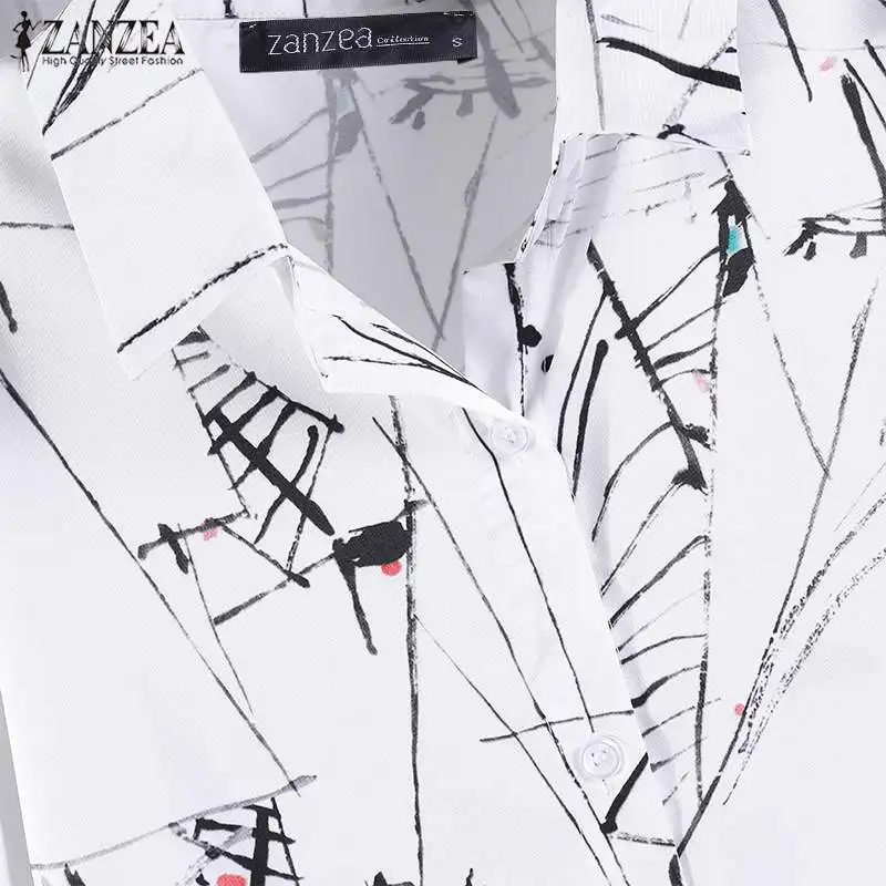  Plus Size Tunic Women Printed Blouse Long Shirt 2019 ZANZEA Casual Button Down Shirt Chemise Female