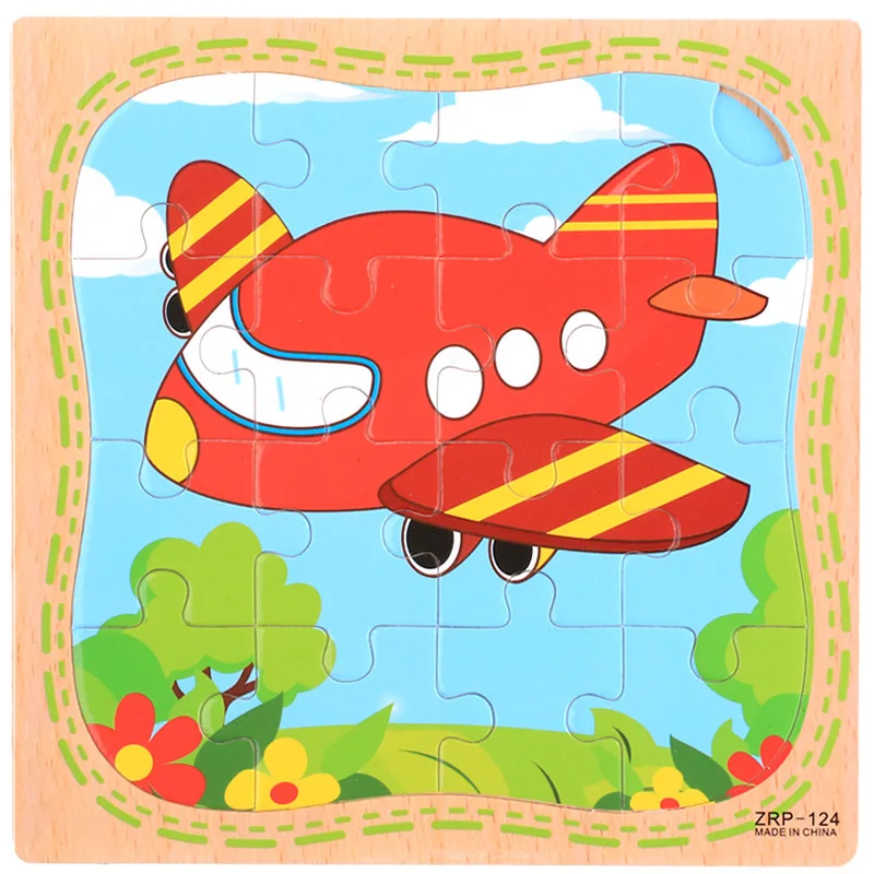 16 Piece Wooden Puzzle Kids Educational Toy Jigsaw Cognition Poultry Animal/ Vehicle/ Aircraft Baby Learning Toys for Children 8