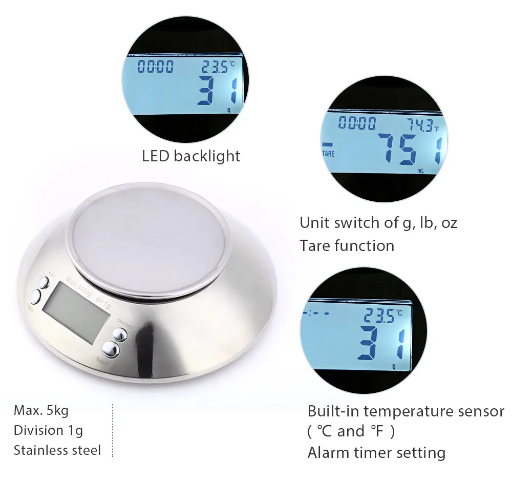 5 кг 1 г кухонные весы из нержавеющей стали с ЖК-дисплеем цифровые электронные кухонные весы с чашей Будильник Таймер Датчик Температуры