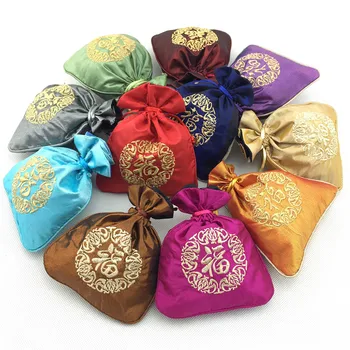 

Embroidery China Fu Christmas Party Gift Bags Drawstring Silk Brocade Jewelry Pouch Wedding Favor Bags for Candy Tea Packaging