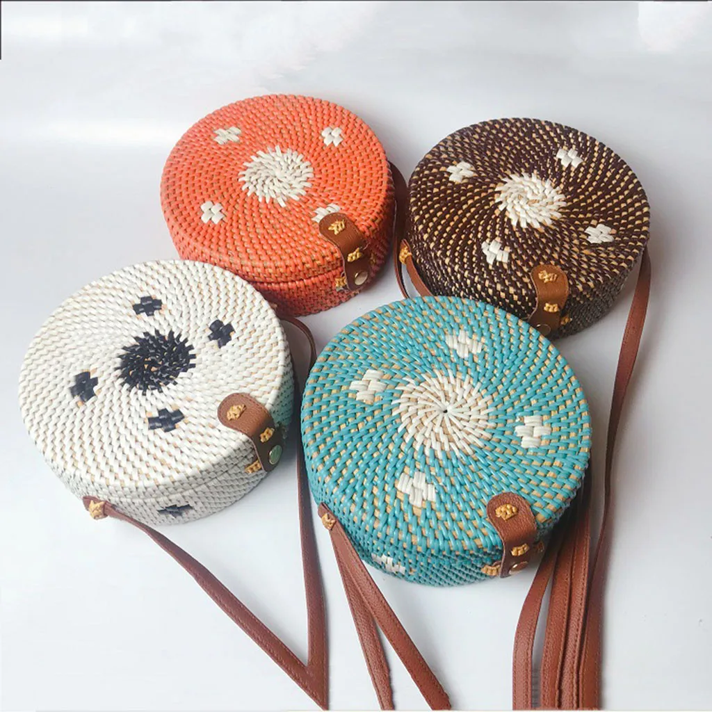 

Women Bags Circle Handwoven Bali Round Retro Rattan Straw Beach Multicolor Bag Crossbody clutch female purses and handbags