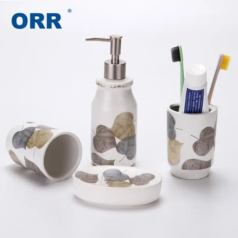 Bathroom Set 4pcs Ceramic Leaf Bath Accessories Include Liquid 4pcs Ceramic Leaf Bath Accessories