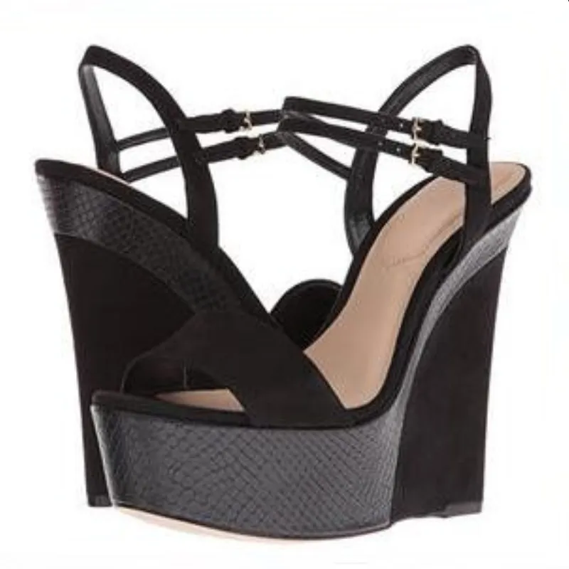 Shofoo Hermosa De Alto 14 Cm Mujeres 5 Tacón Cuñas Envío Moda Gratis Zapatos Sandalias Las Negro Rebaño StrwqS