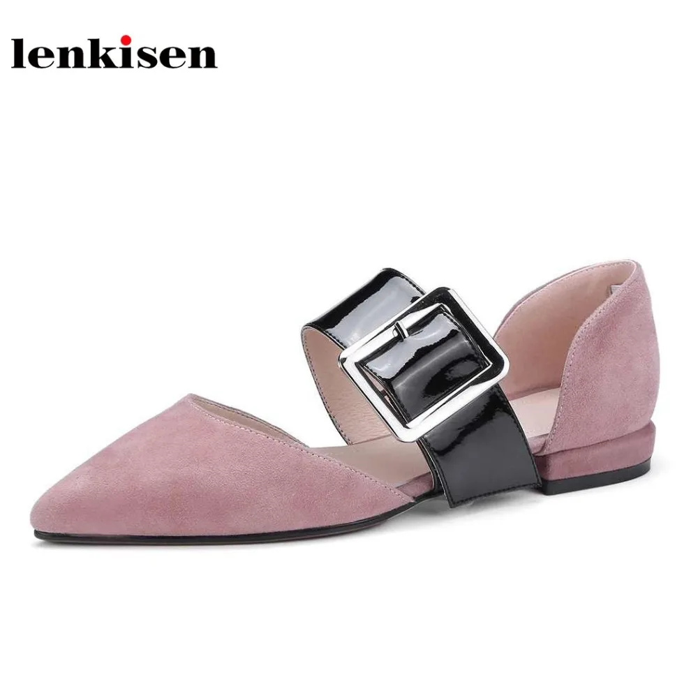

Lenkisen new sheep suede sweet women shoes pointed toe big buckles decoration causal shoes solid simple fashion women flats L52