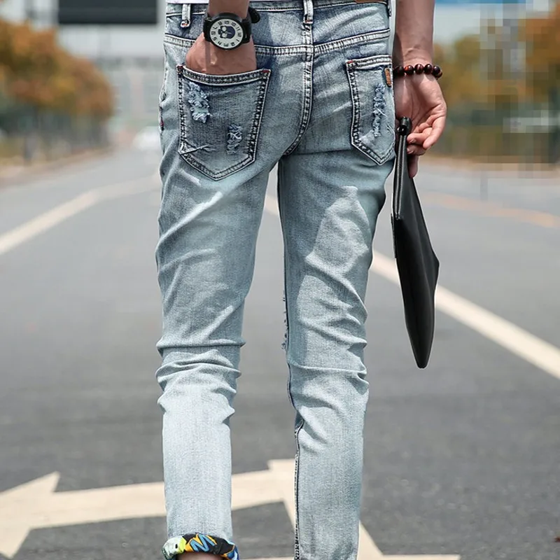 Мужские ковбойские брюки корейские студенты ноги брюки Тонкий стрейч отверстие рваные хип-хоп брюки мужские новые 2019 джинсы тонкие