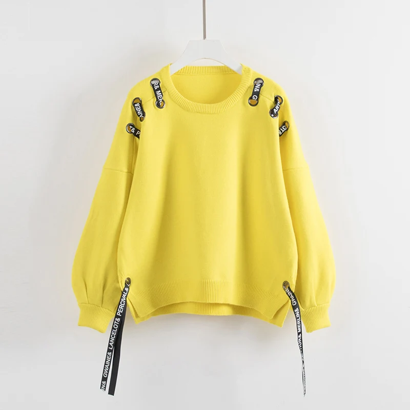 yellow 2017 Black Candy Color Pullover Ribbon Sweater New orange Long neck Sleeves Personality O Women green Knitted Tie Autumn Winter raq7wH4r