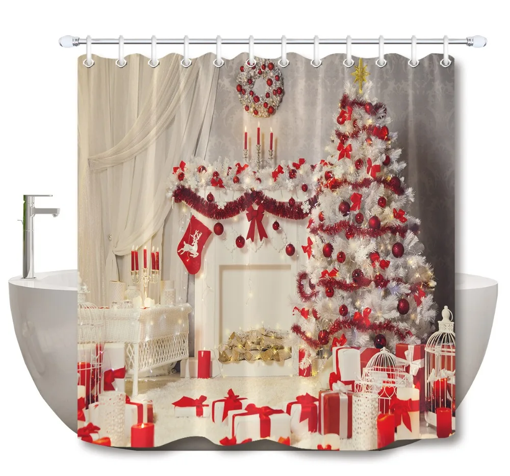 

LB White Xmas Tree Fireplace Shower Curtain Christmas Room Interior With Mat Set Luxury Bathroom Fabric For Art Bathtub Decor