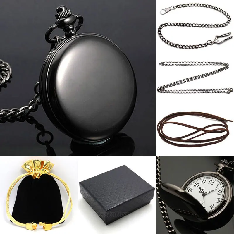

Steampunk Pocket Watch Black Plain Face Necklace Watch With Box