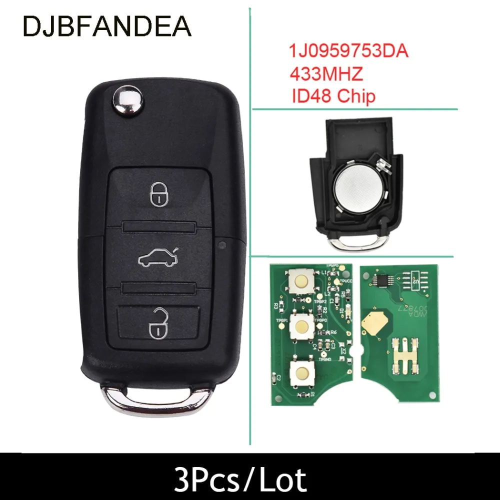 Djbfandea 3 шт./лот автомобиль дистанционного складной Flid ключа 1J0959753DA 434 МГц ID48 для Vw Passat Bora/Polo/Гольф/Жук 2001-2009