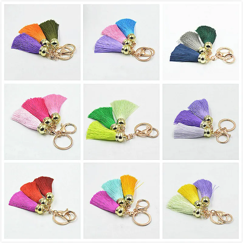 Fashion Colorful Silk Tassel Keychain Gold Color Key Ring with Lobster