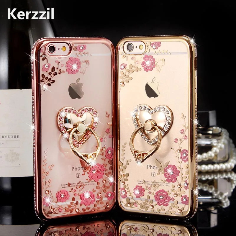 Kerzzil Bling Diamond цветочный держатель чехол для телефона для iPhone 7 6 6S Plus мягкий TPU прозрачный чехол для iPhone X XR XS Max 8 7 Plus 5 SE