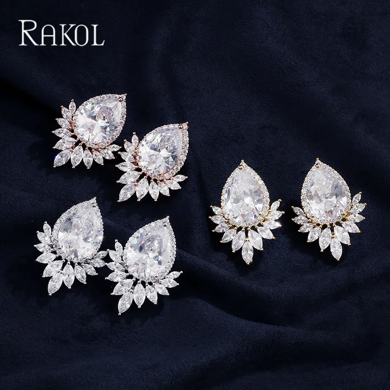 

RAKOL Luxury White Gold Color Shiny Teardrop Cubic Zircon Stud Earrings For Women Blue Crystal Ear Jewelry Dinner Dress