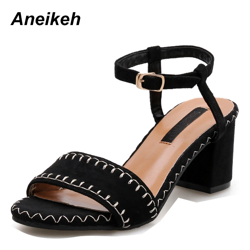 

Aneikeh 2019 Sweet Summer Sandals Casual Women Peep Toe Open-Toed Square High Heels Buckle Strap Sandals Daily Party Black Pink