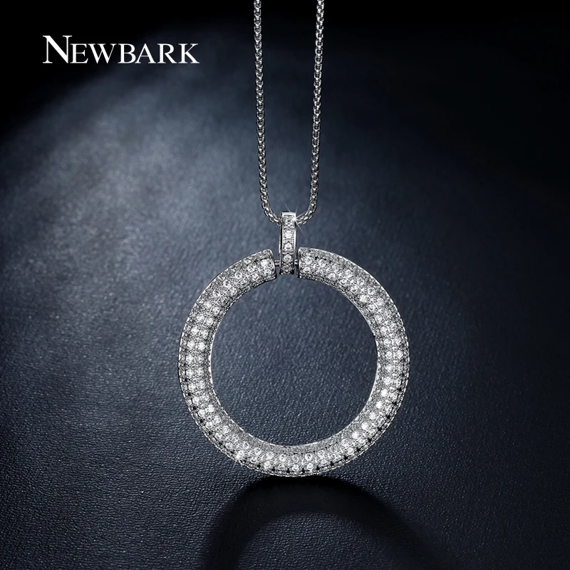 NEWBARK Big Circle Pendant Necklace Paved Tiny Zirconia Stones Silver