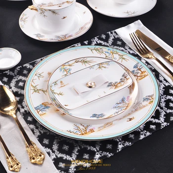 

Chinese Style Luxury Porcelain Dinner Plates Creative Ceramic West Lake Hotel Tableware Cutlery Set Decorative Flat Steak Plate