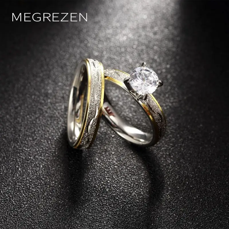 Vintage Stainless Steel Ring Charm Female Zircon Jewelry Pair Of
