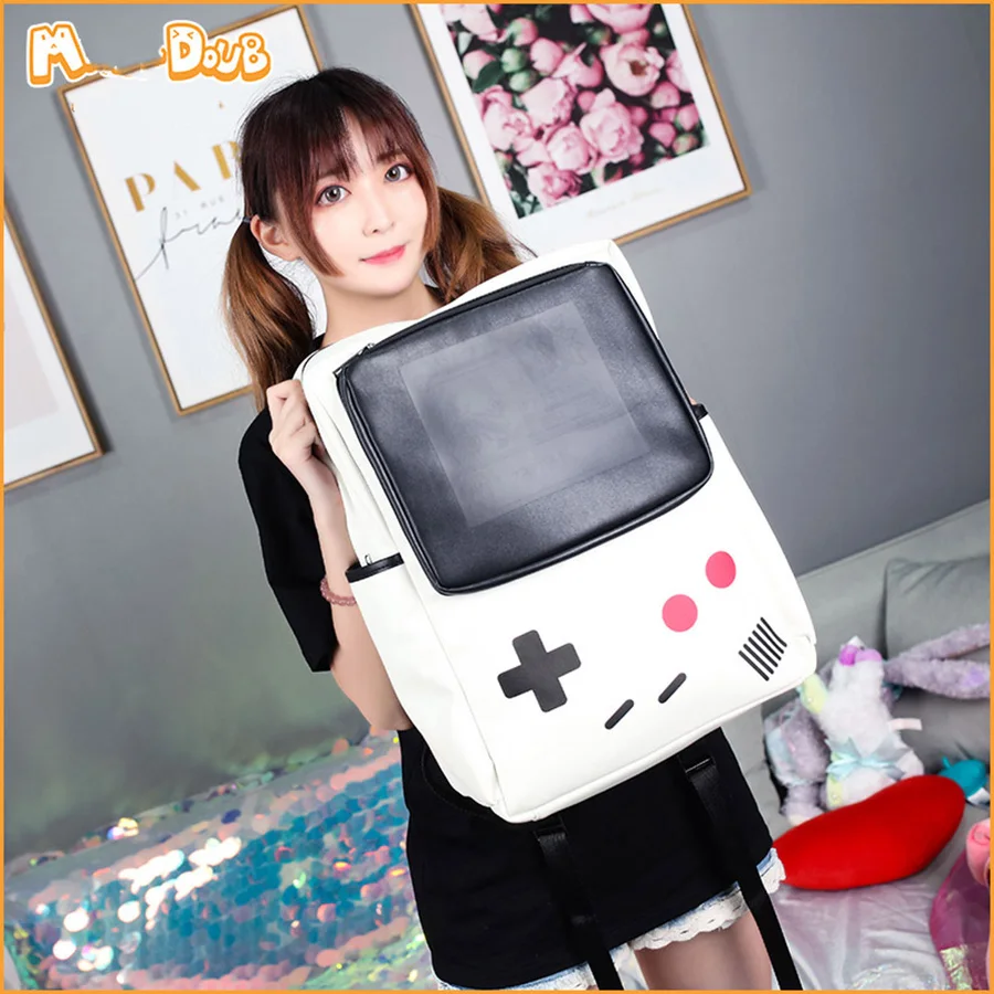 

Harajuku Black White Game Women Backpacks Large-capcity Women Travel Schoolbags For Teenage Girls Pu Anime Women Bookbags 2019