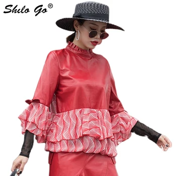 

Elegant Leather Blouses Women Streetwear Butterfly Sleeve Print Chiffon Spliced Sheepskin Genuine Leather Layered Ruffles Shirts