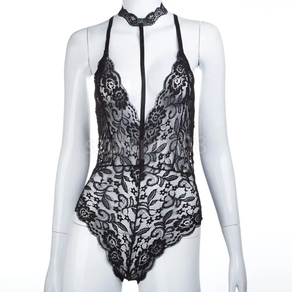 Sexy Women Lace Bodysuit One Piece Choker Teddy Lingerie Babydoll Lace Tops Red/Black