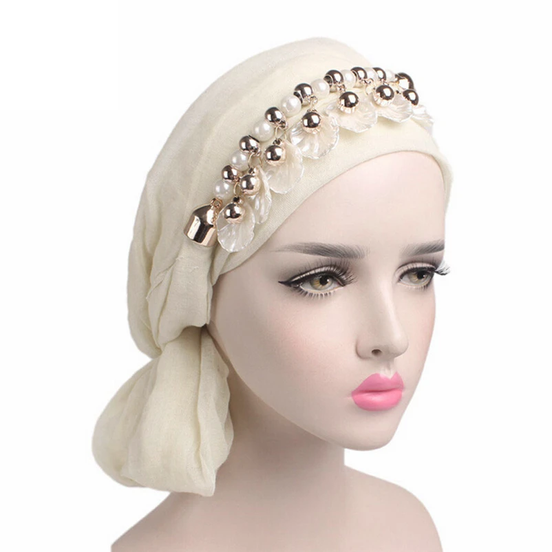 

2018 Fashion Women Voile Muslism Bandanas Multi function Headscarf Headwrap Cap with shell pendant Necklace Scarf Neckerchief