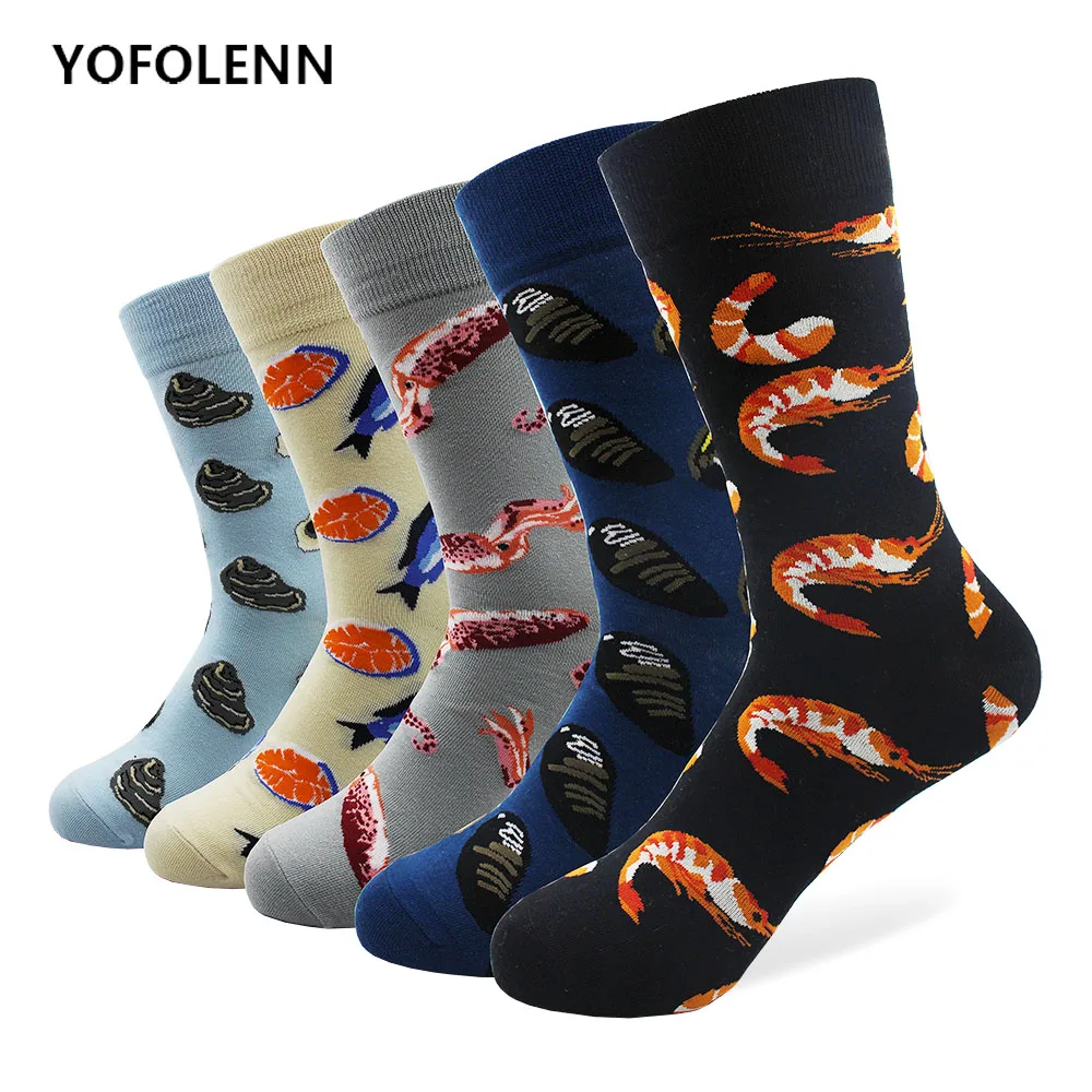 5 Pairs/lot Funny Men's Casual Cotton Dress Socks Fish Lobster Conch