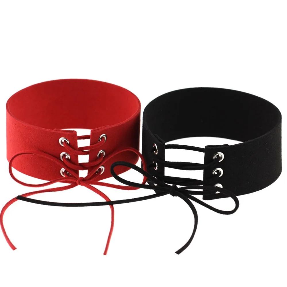 

Handmade Hippie Wide Multi Colors Black Red Beige Leather Lace Up Bow Tie Closure Adjustable Choker Necklaces For Women