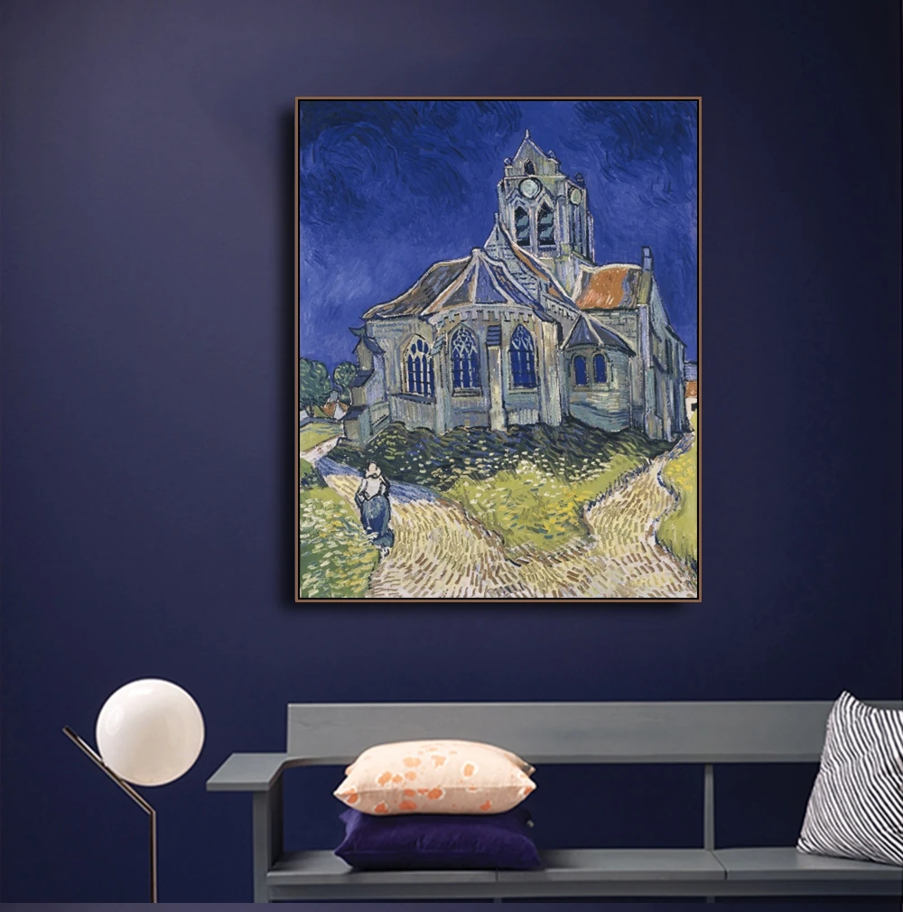 

Laeacco Canvas Calligraphy Painting Van Gogh Posters and Prints The Church in Auvers-sur-Oise Wall Art Pictures for Living Room