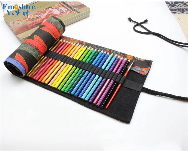 Emoshire Happy tree canvas hand cloth curtains color pencil case men and women pen bag roll stationery (10)