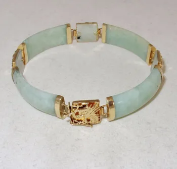

6.75" Chinese Yellow Gold Bracelet with Dragons & Green Jadeite