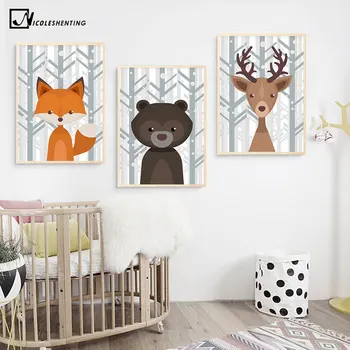 

Nordic Deer Fox Bear Forest Canvas Poster Minimalist Painting Jungle Animal Wall Art Print Kids Cartoon Pictures Room Decor