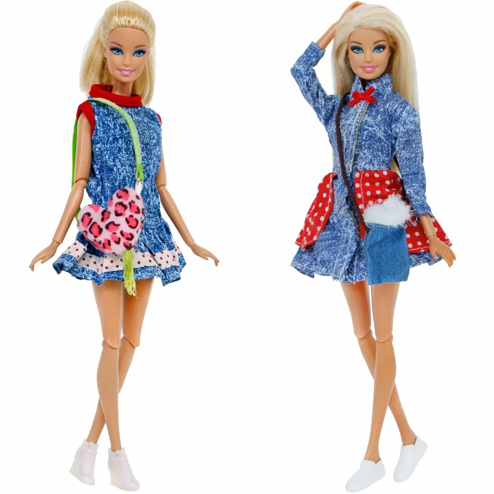 

3 Pcs/Lot =1x Handmade Denim Skirt Dress + 1x Fashion Handbag + 1x High Quality Shoes Clothes For Barbie Doll Accessories Gift